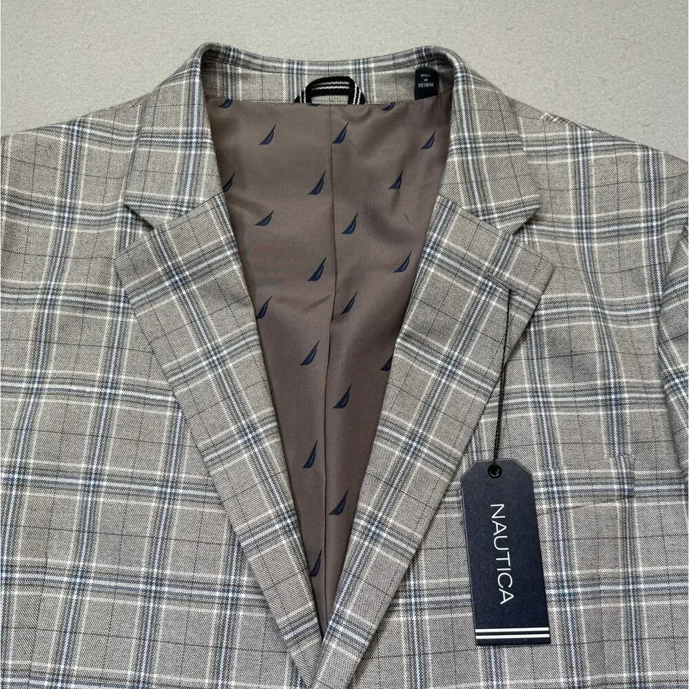 Nautica Men's Modern-Fit Sport Coat Grey Plaid 48R $250